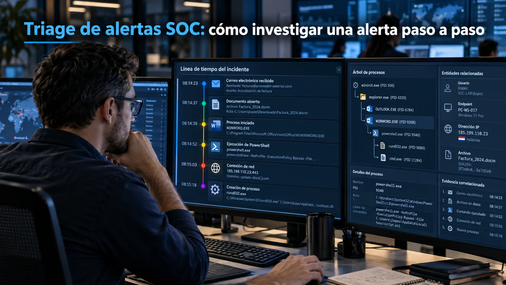 Analista SOC realizando triage de una alerta mediante timeline, procesos y evidencia de seguridad